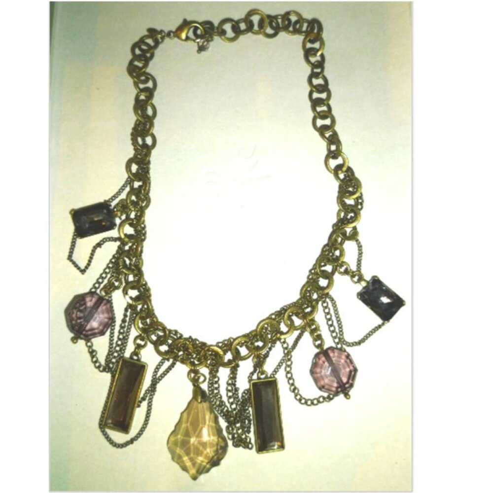 STUNNING VINTAGE CHAIN LINK MULTICOLOR DANGLING FACETED CRYSTAL CHARMS NECKLACE